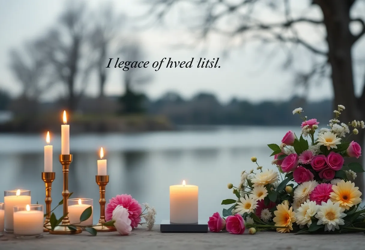 Memorial setting with candles and flowers