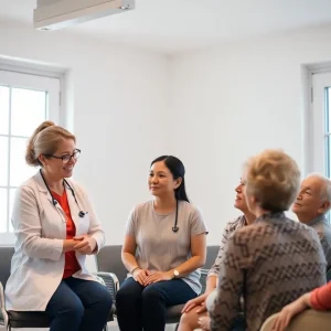 Group therapy session for mental health support focused on skin conditions.