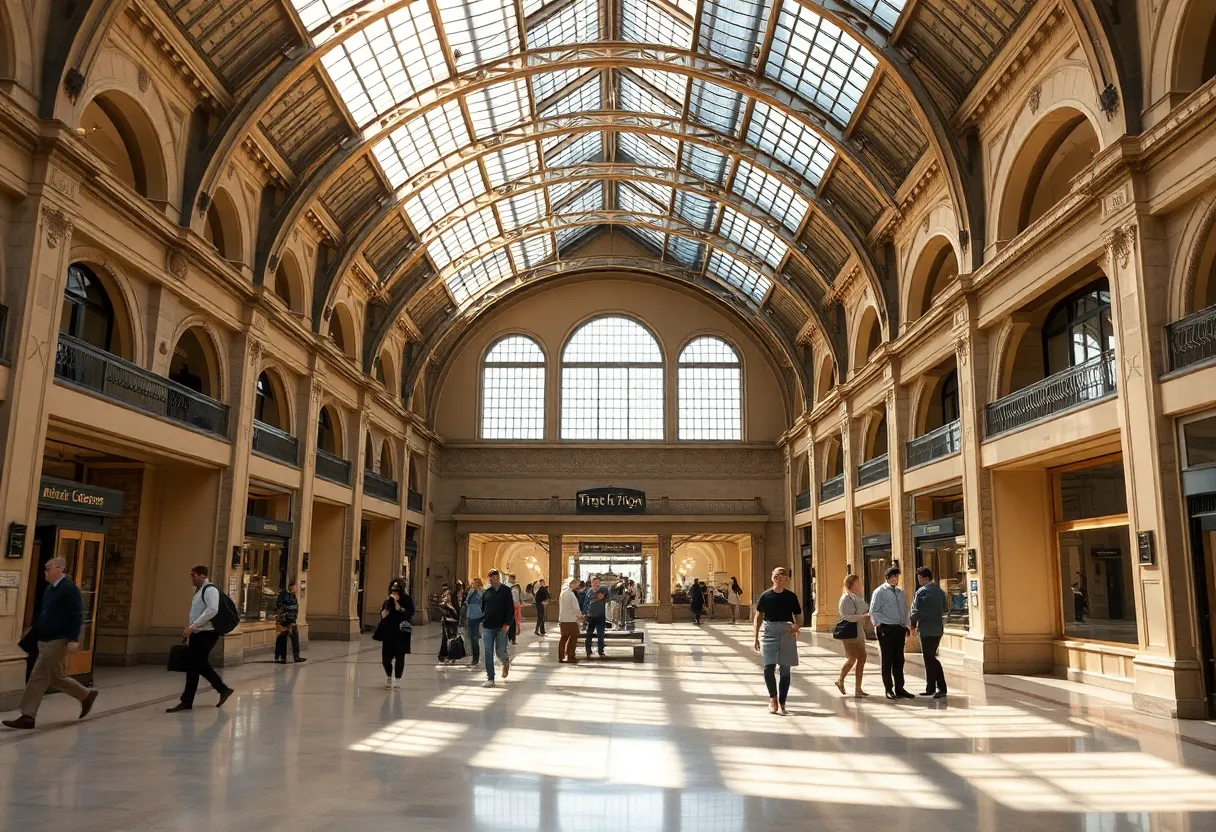 Interior view of Michigan Central Station showcasing renovations