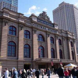 Exterior view of Michigan Central Station with community activities surrounding it