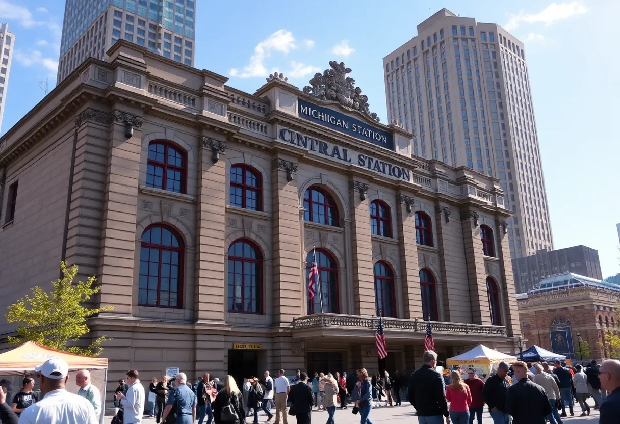 Exterior view of Michigan Central Station with community activities surrounding it