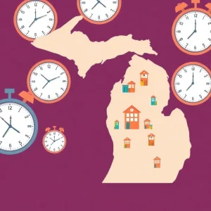 Map of Michigan with icons representing small businesses and clocks