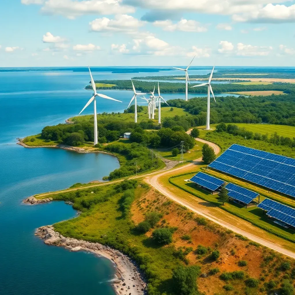 Landscape representing Michigan's transition to renewable energy with wind turbines and solar panels.