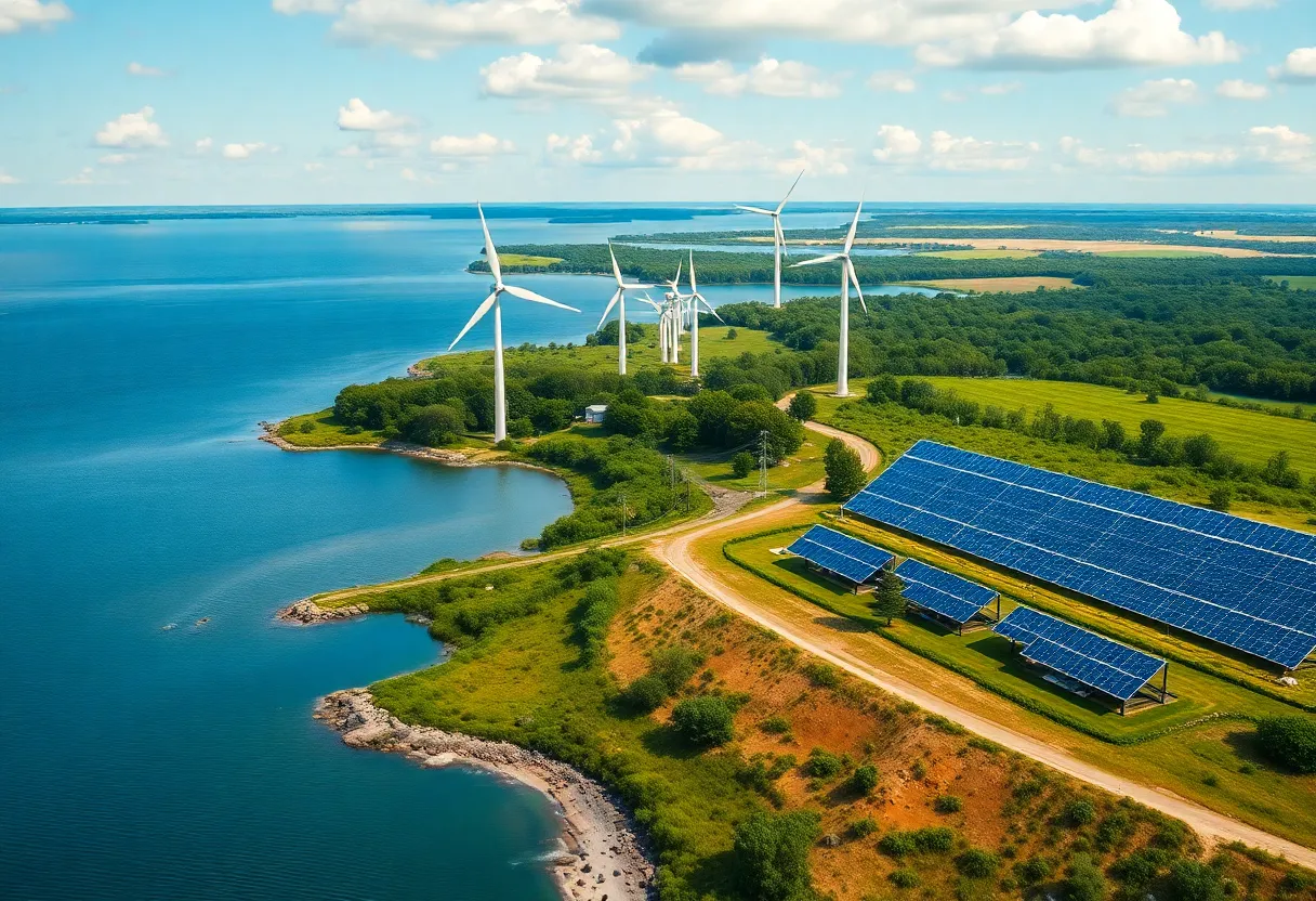 Landscape representing Michigan's transition to renewable energy with wind turbines and solar panels.