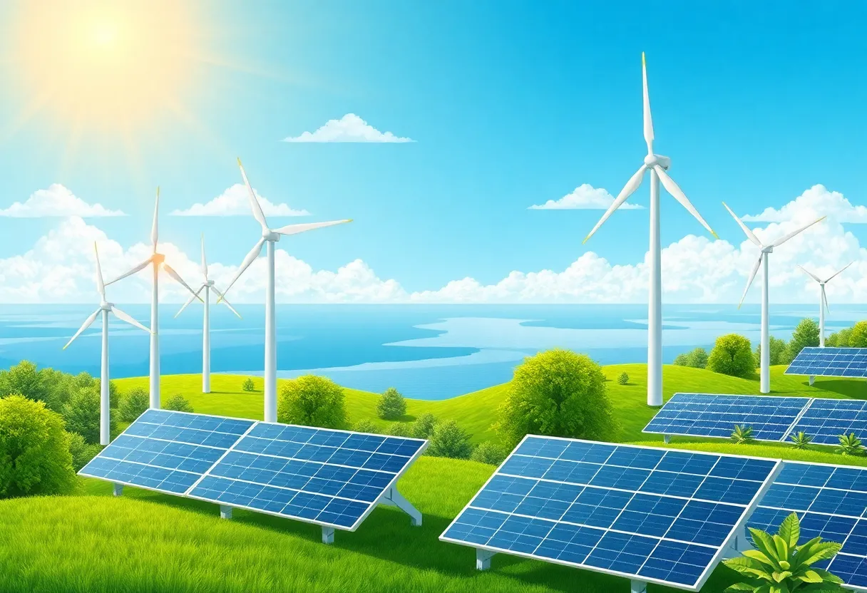 Illustration depicting renewable energy initiatives in Michigan with wind turbines and solar panels