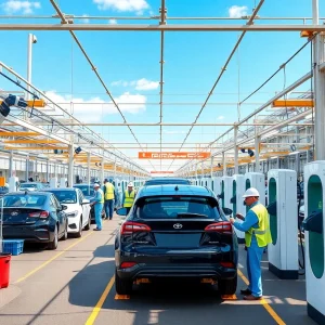 Workers assembling electric vehicles in Michigan's manufacturing plant