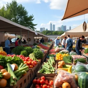 A vibrant Michigan farmers market with fresh produce and local vendors, reflecting the agricultural sector amidst trade challenges.