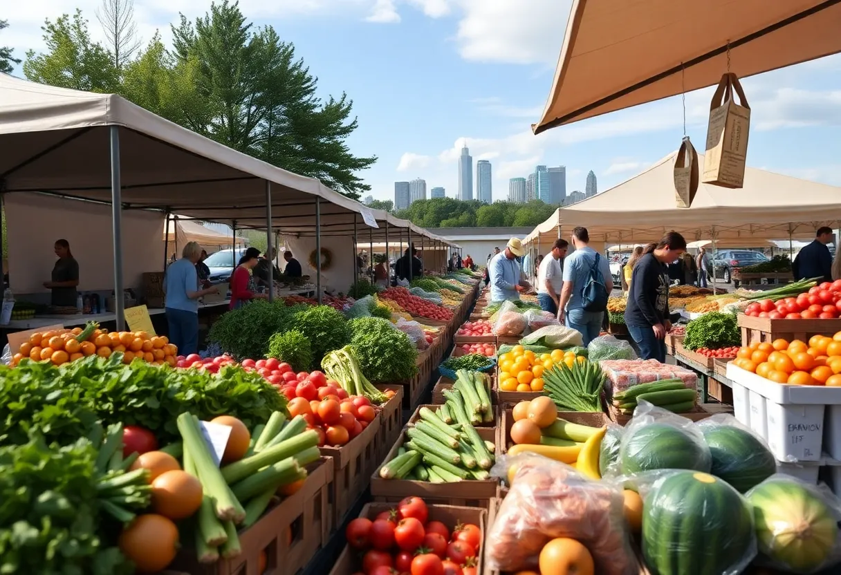 A vibrant Michigan farmers market with fresh produce and local vendors, reflecting the agricultural sector amidst trade challenges.