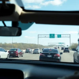 Vehicles on a Michigan highway adhering to hands-free law