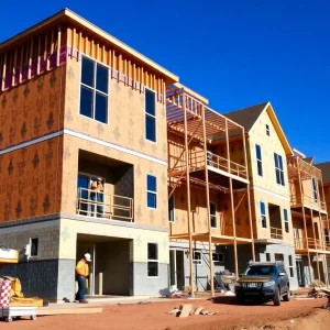 Residential construction site in Michigan with workers