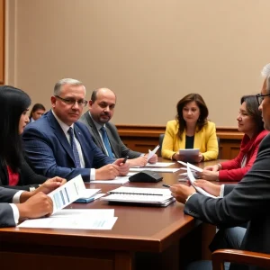 A diverse group of lawmakers in discussion focused on economic transparency.