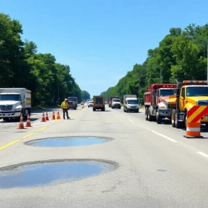 Workers repairing a road in Michigan