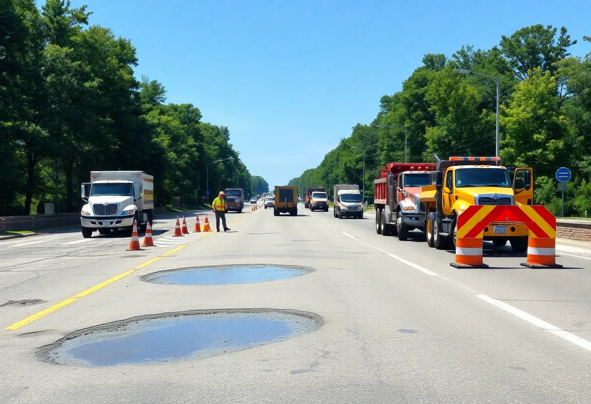 Workers repairing a road in Michigan