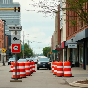 Construction on a Michigan road with small businesses visible