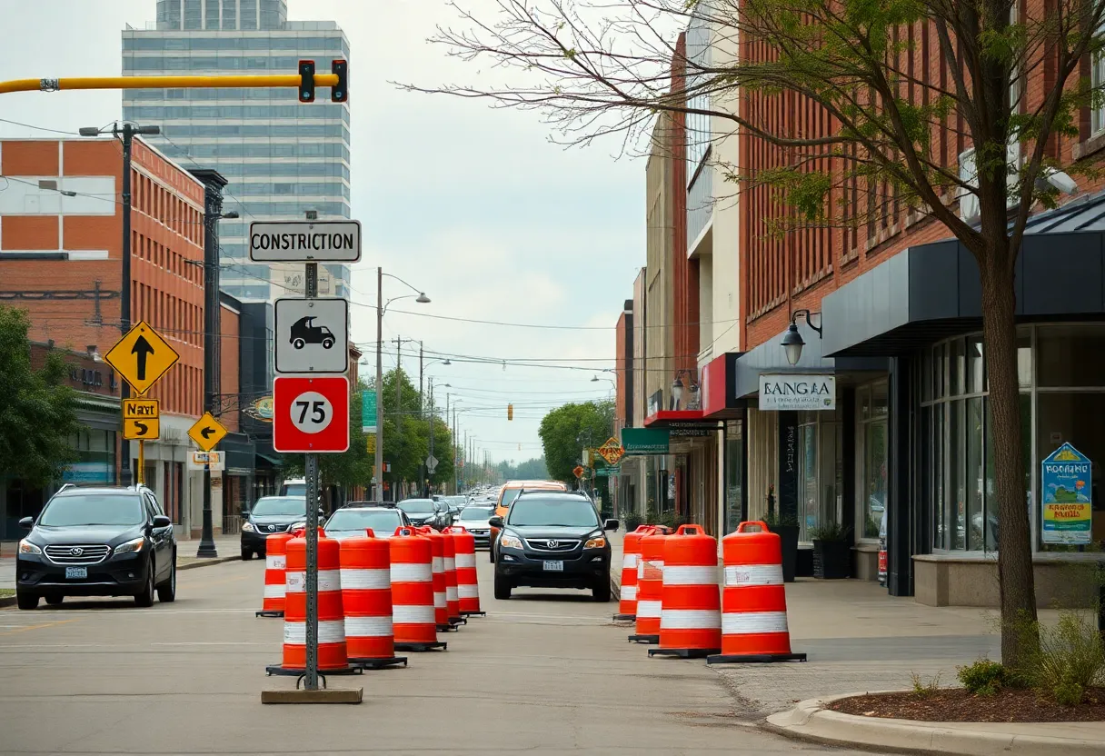 Construction on a Michigan road with small businesses visible