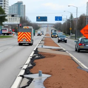 Damaged roadway in Michigan with construction signs