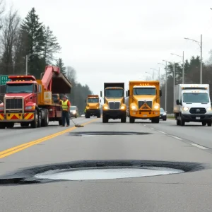 Workers repairing potholes on a Michigan road