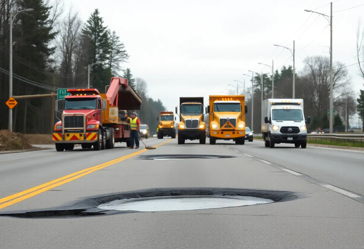 Workers repairing potholes on a Michigan road