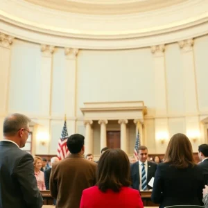 Exterior view of the Michigan Senate building during a legislative session