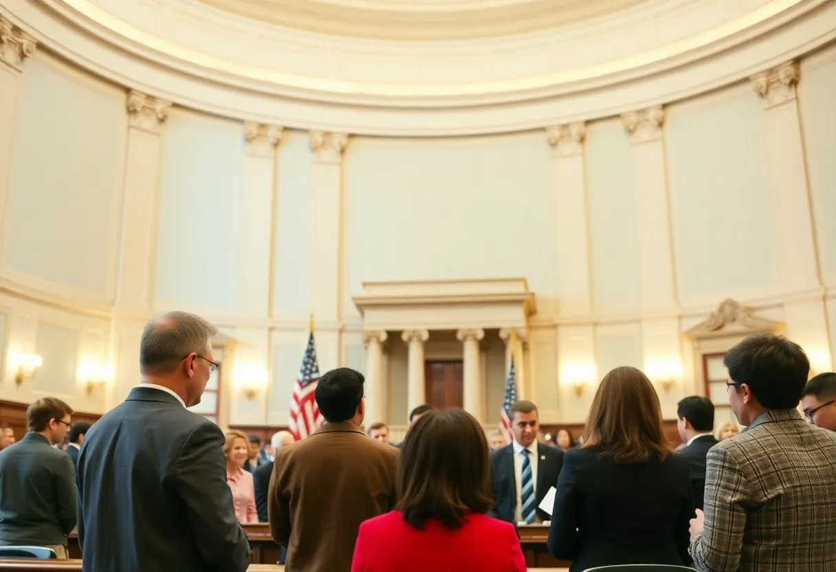 Exterior view of the Michigan Senate building during a legislative session