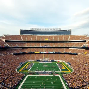 Aerial view of Michigan Stadium with fans during a game