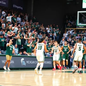 Michigan State basketball players celebrating during a game