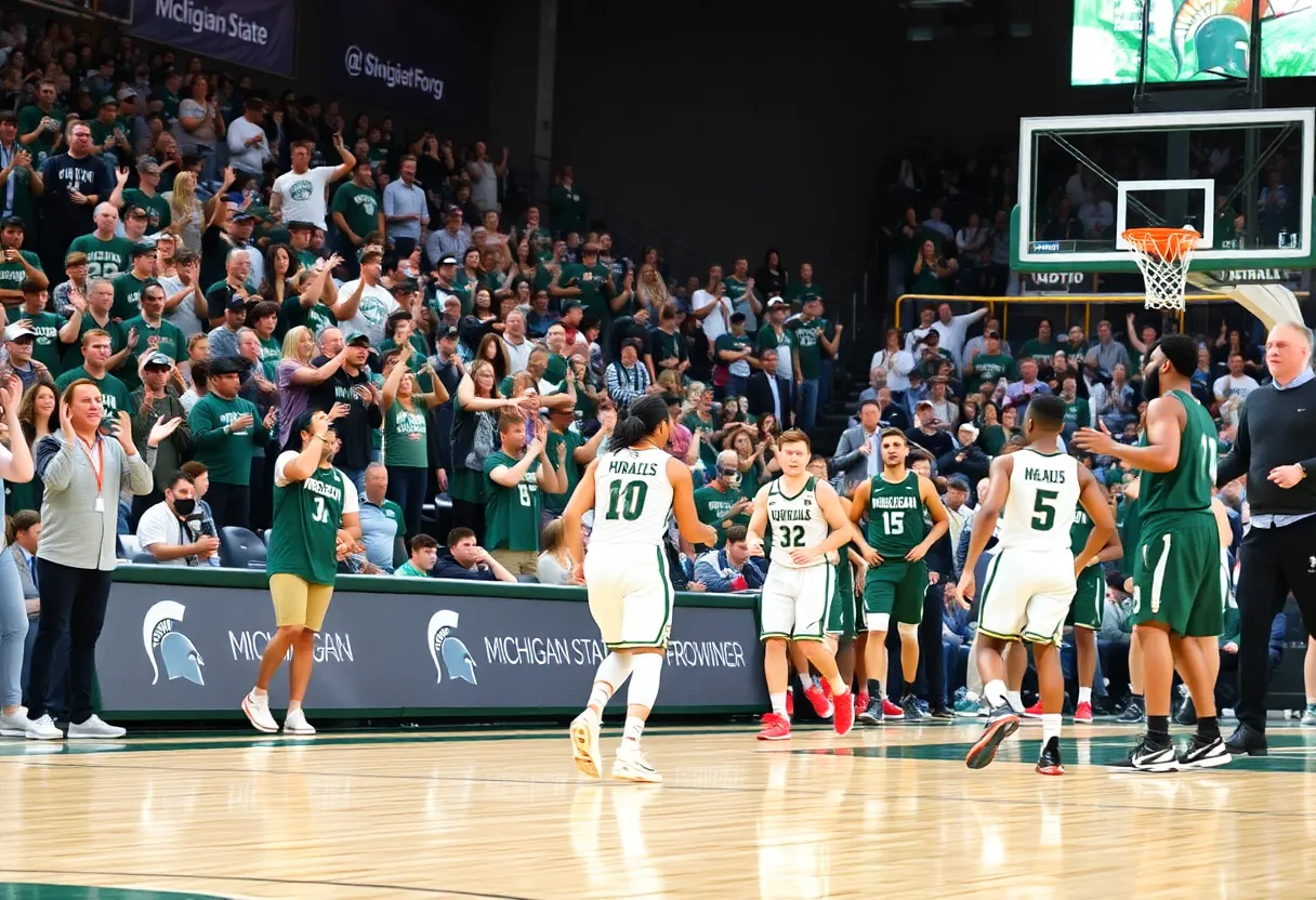 Michigan State basketball players celebrating during a game