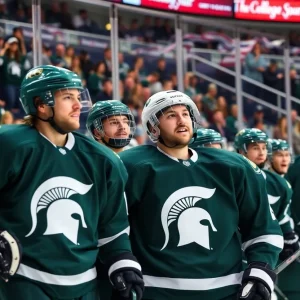 Michigan State University ice hockey team in a game moment