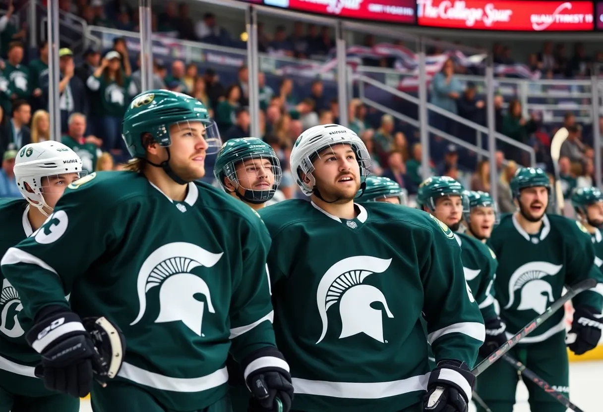 Michigan State University ice hockey team in a game moment