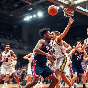 View of a college basketball game between Michigan State and Illinois with players in action