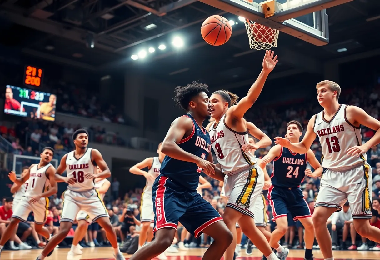 View of a college basketball game between Michigan State and Illinois with players in action