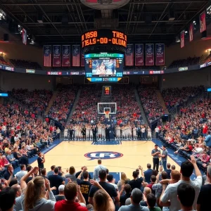 Fans cheering in a college basketball arena for Michigan State and Purdue