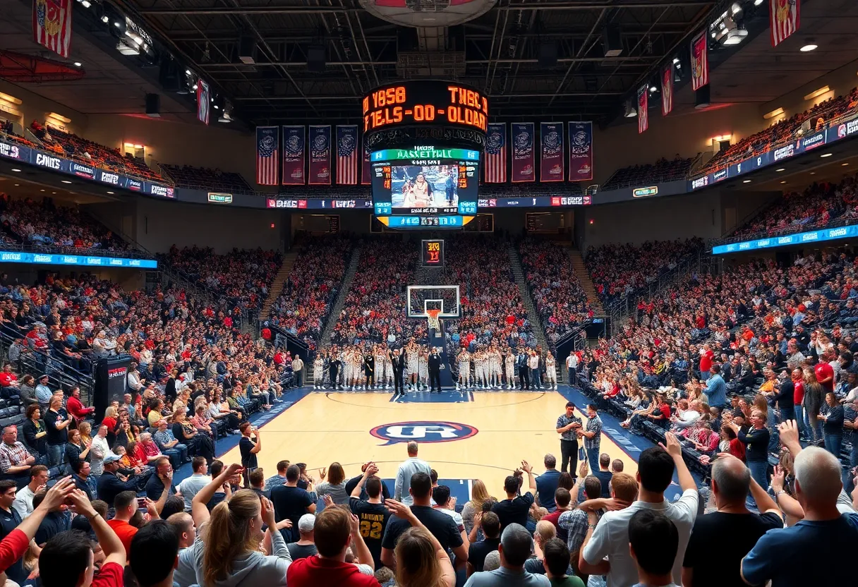 Fans cheering in a college basketball arena for Michigan State and Purdue