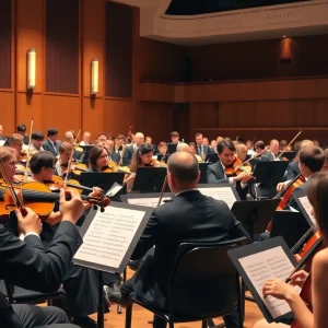 Musicians performing in a beautifully renovated concert hall