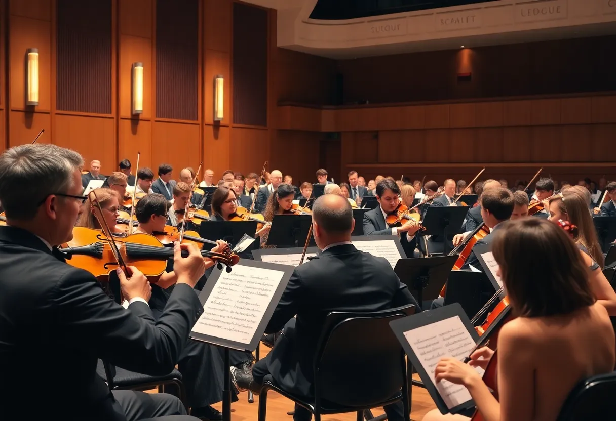 Musicians performing in a beautifully renovated concert hall