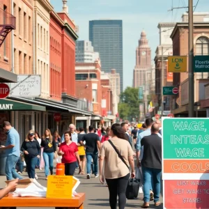 A busy street in Michigan highlighting workers and signs related to wage increases.