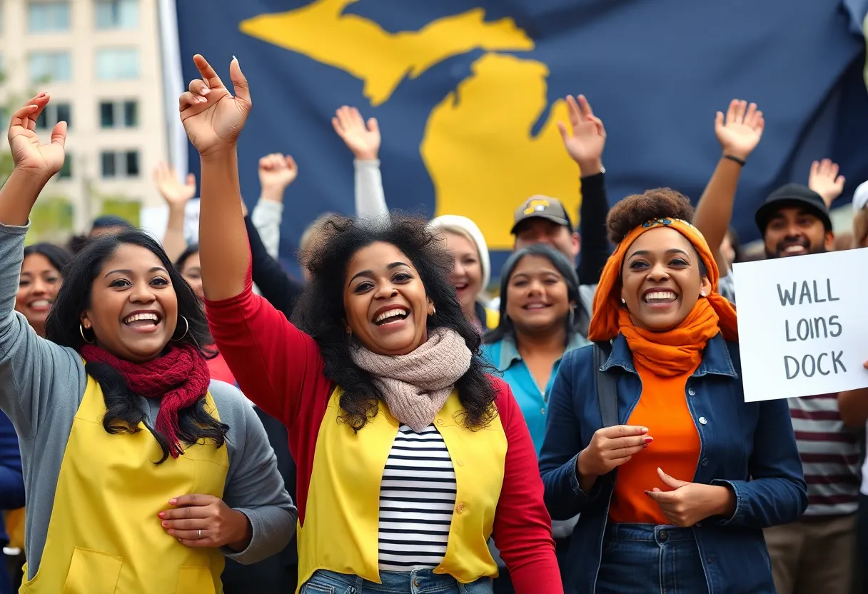 Workers celebrating a minimum wage increase in Michigan