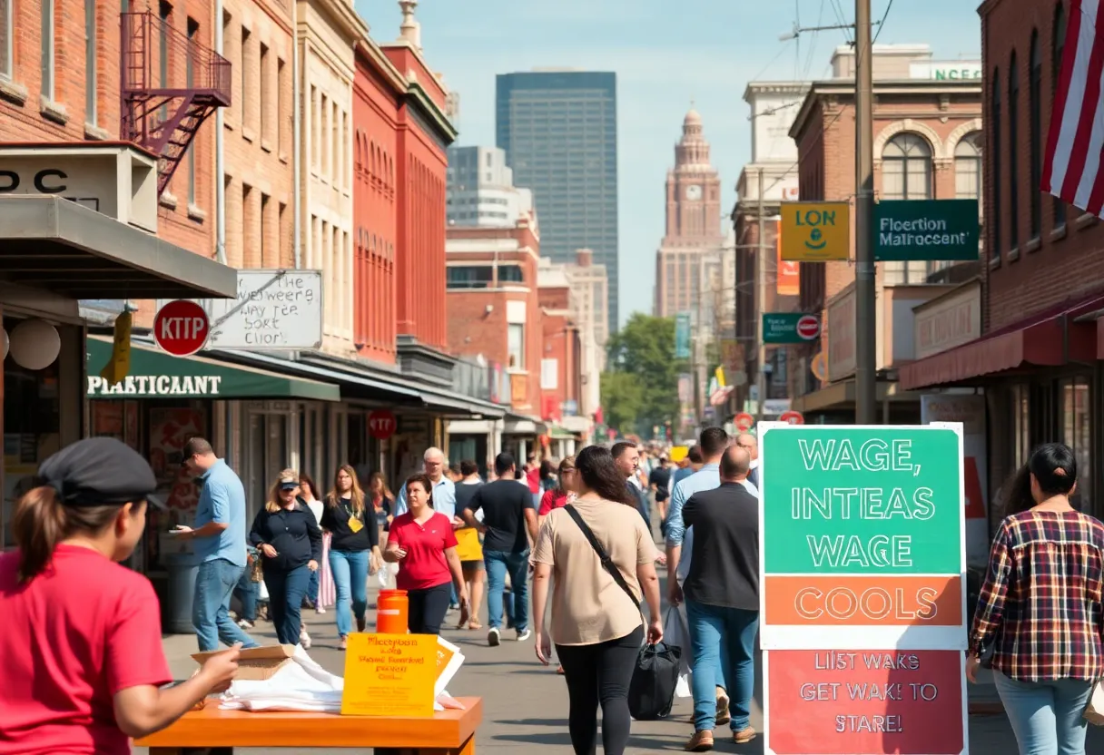 A busy street in Michigan highlighting workers and signs related to wage increases.