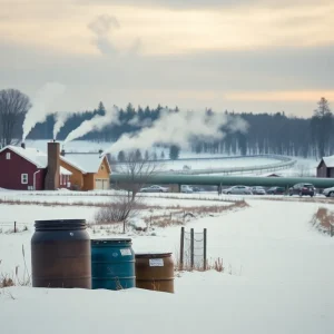 Winter landscape in Michigan showing homes and propane supplies