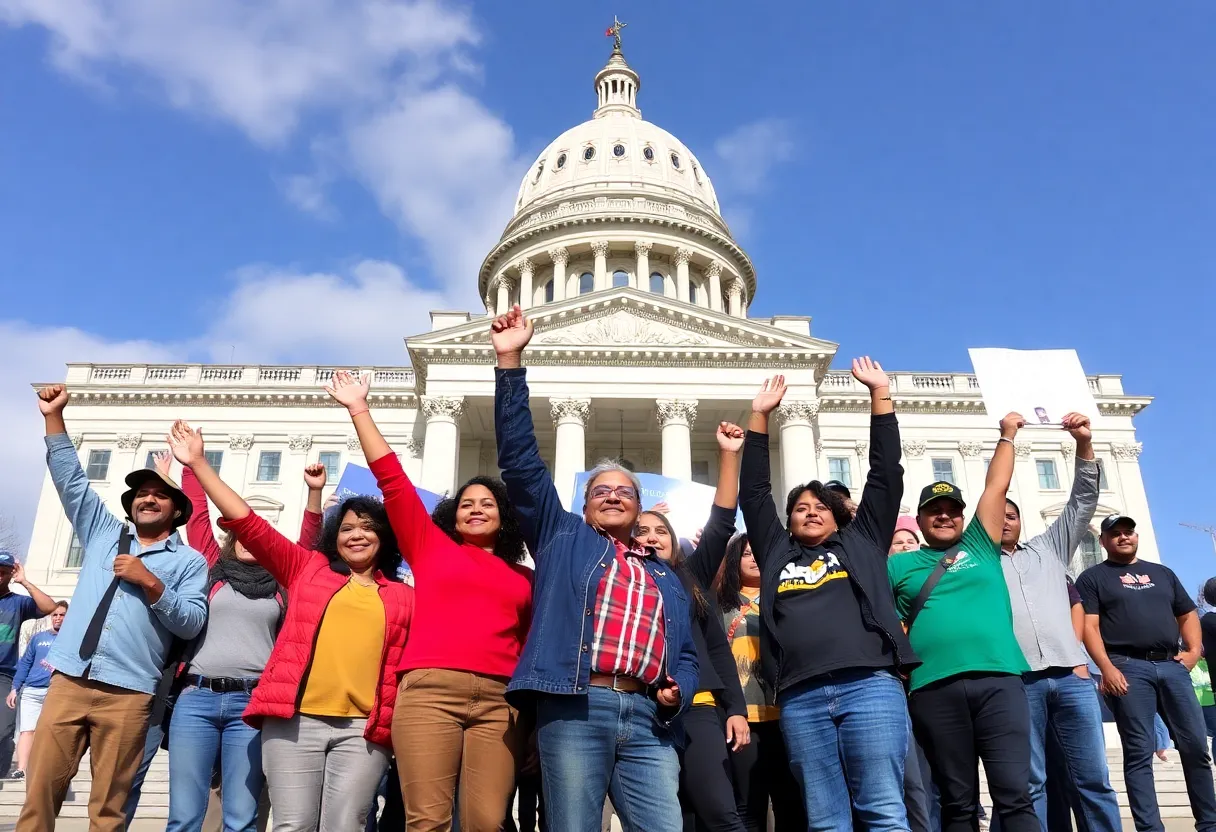 Workers celebrating new legislation in Michigan.