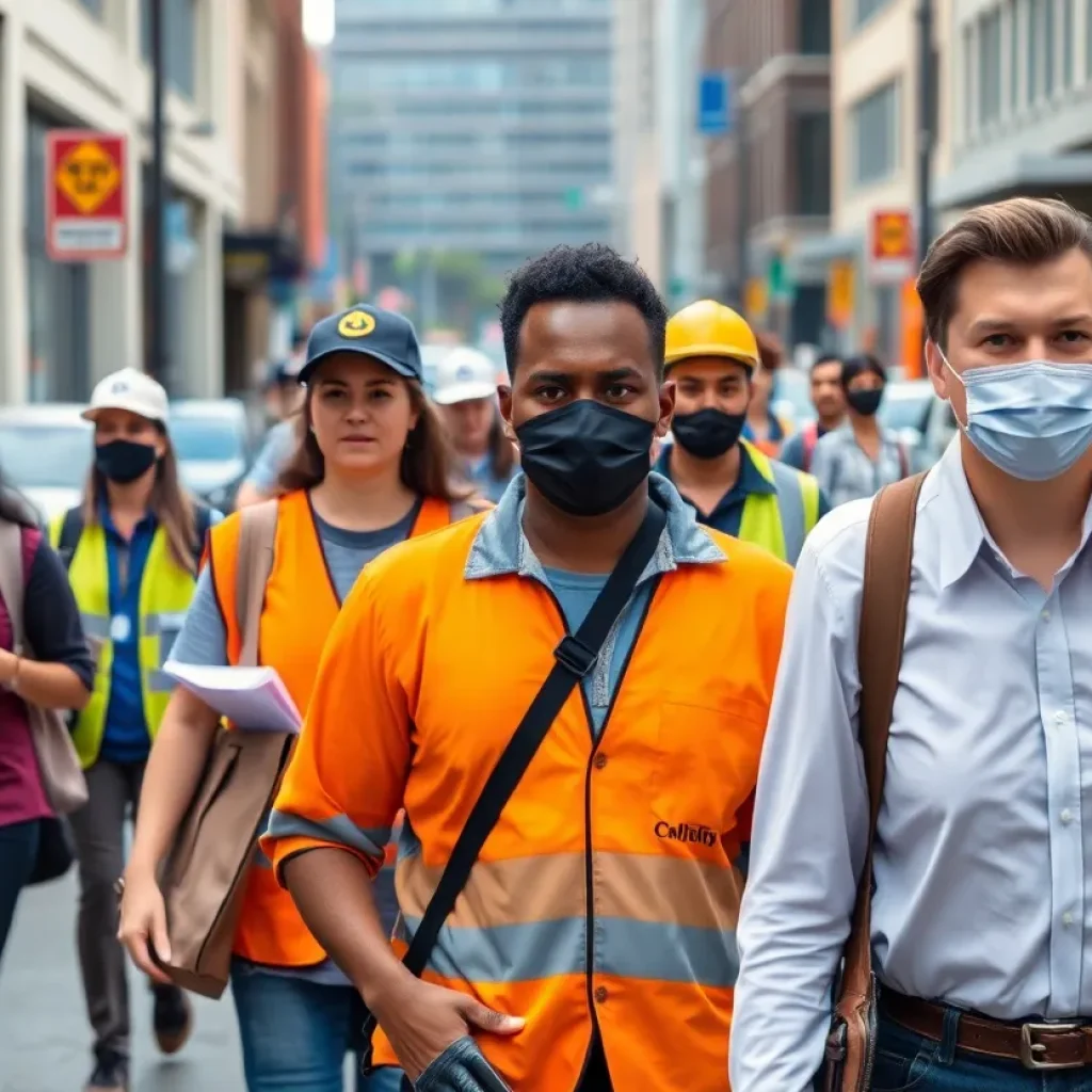 A diverse group of workers in Michigan heading to their jobs