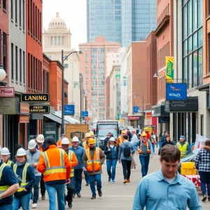 A vibrant street scene in Lansing, Michigan, showcasing diverse workers and businesses.