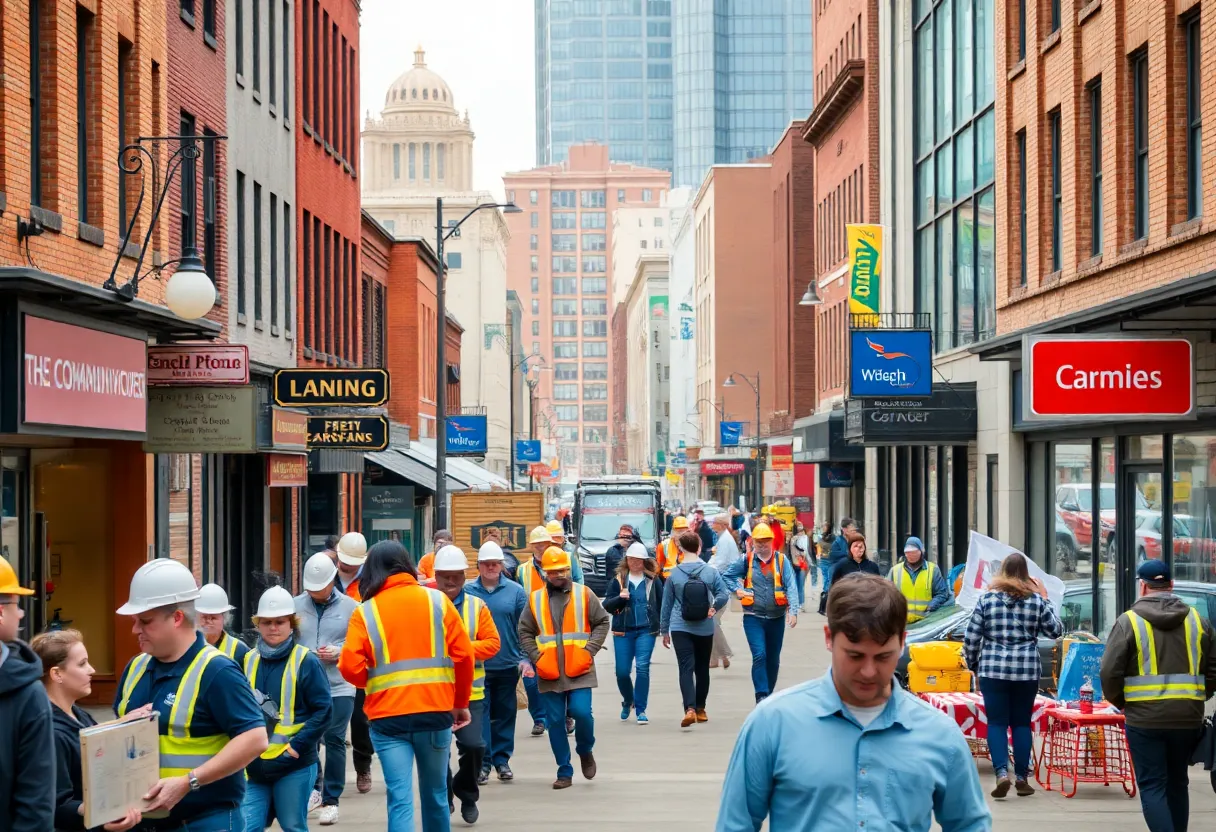 A vibrant street scene in Lansing, Michigan, showcasing diverse workers and businesses.