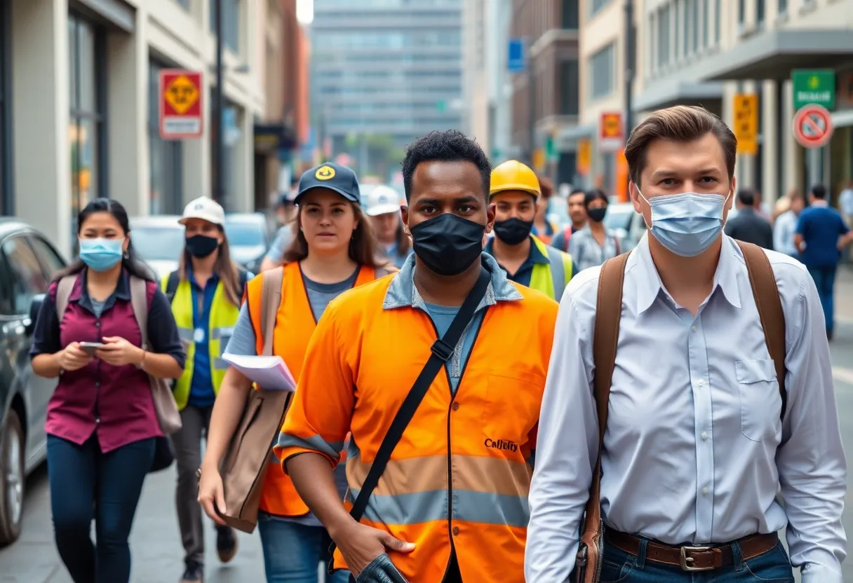 A diverse group of workers in Michigan heading to their jobs