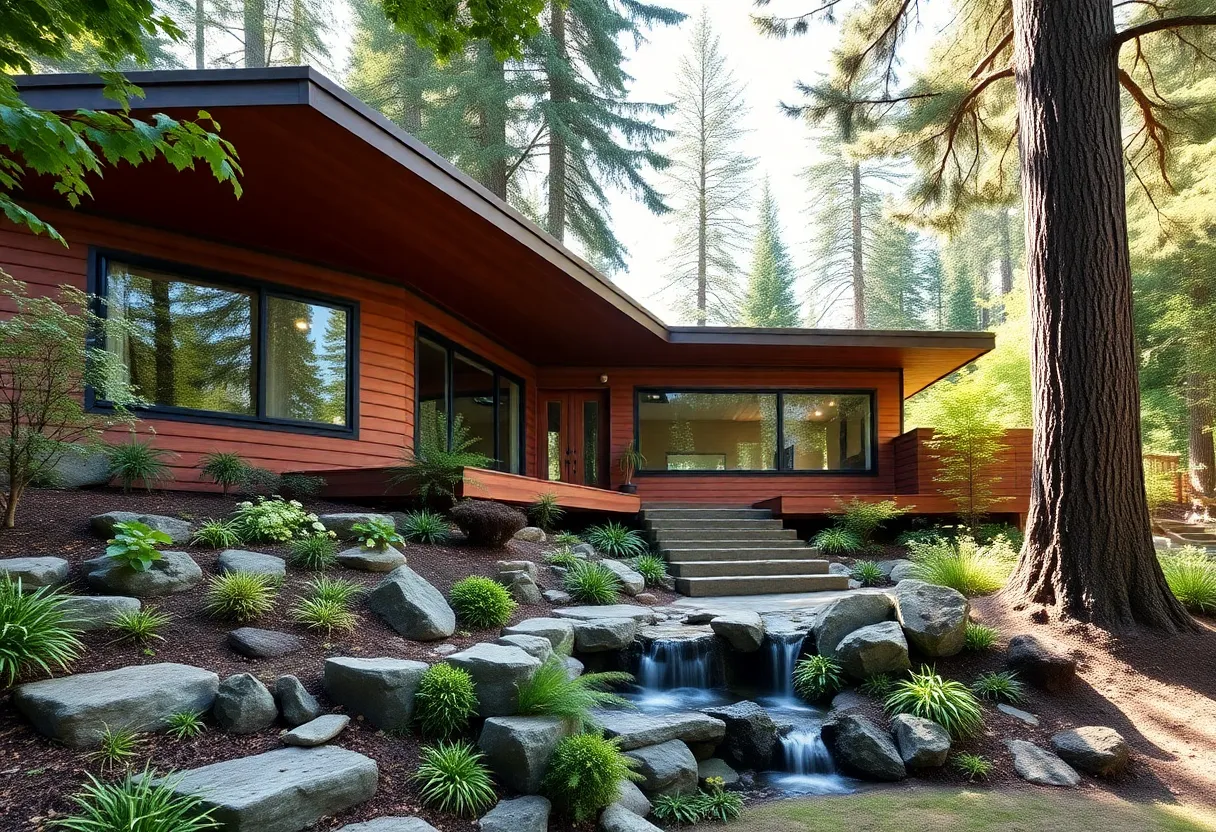 Mid-century modern home exterior with redwood siding and landscaped garden.