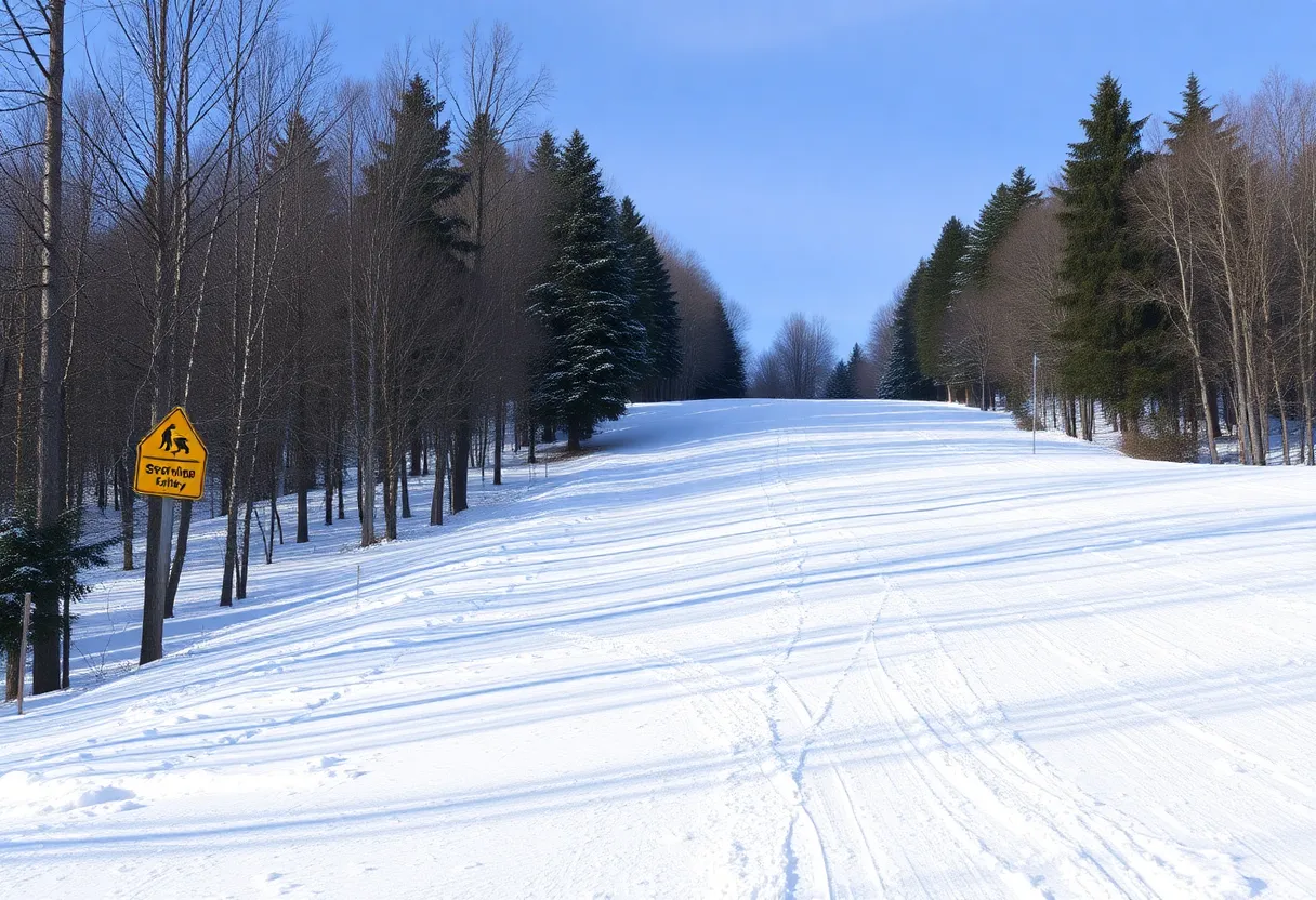 Snow-covered Middlebelt Hill with safety signs