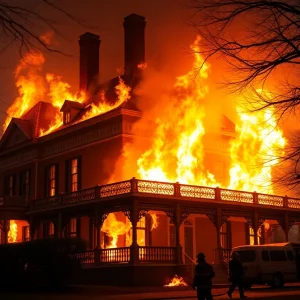 Fire engulfing the Mirton Briggs House in Detroit