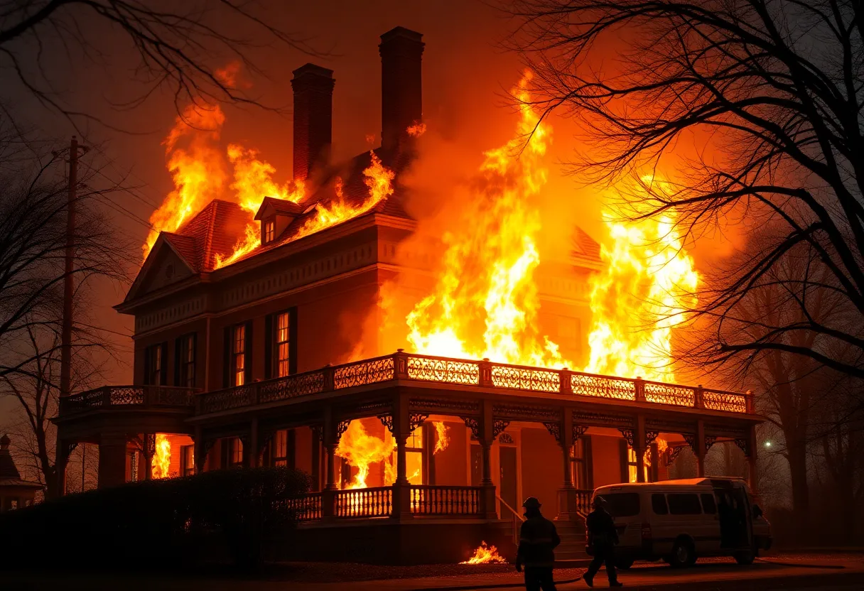 Fire engulfing the Mirton Briggs House in Detroit