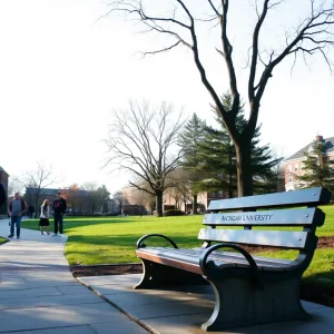 Memorial bench dedicated to students lost in tragedy at MSU.