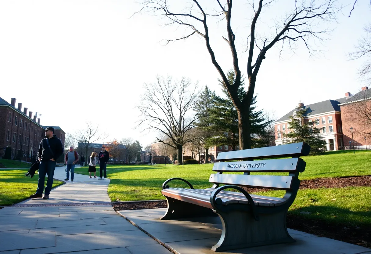 Memorial bench dedicated to students lost in tragedy at MSU.